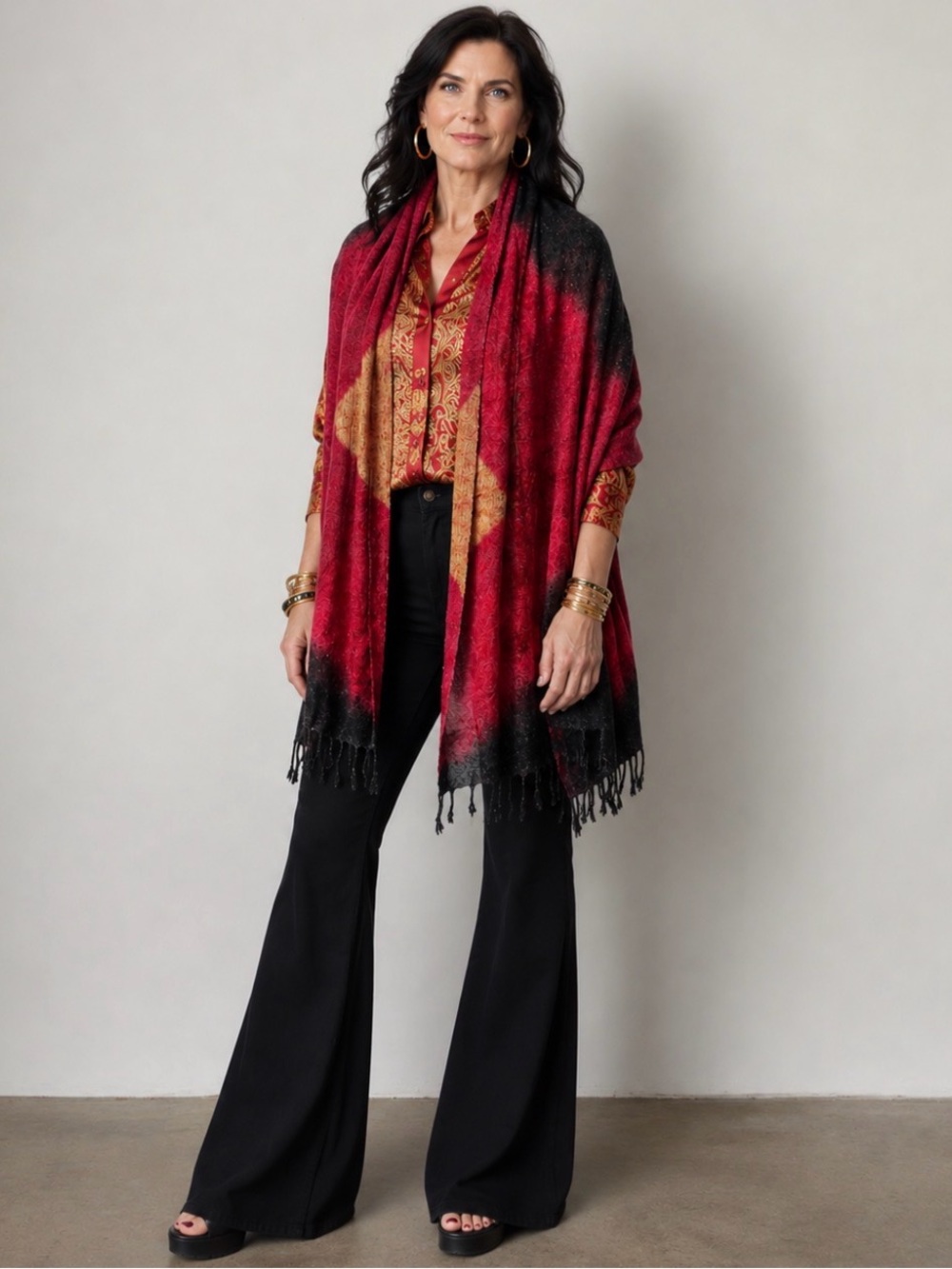 Sparkly Shawl With Fringe By B.M. Lovely Shawls Maroon Gold Black w/ tag